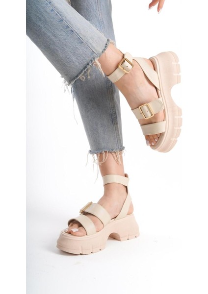 Dolgu Topuk Sandalet Kadın Dolgu Topuk Sandalet Dolgu Topuklu Bej Krem Renk Sandalet Yeni Sezon 7 cm fırsatları