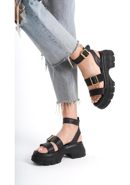 Dolgu Topuk Sandalet Kadın Dolgu Topuk Sandalet Dolgu Topuklu Siyah Renk Sandalet Yeni Sezon 7 cm fırsatları