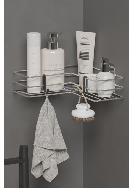Krom Gümüş Yapışkanlı Banyo Köşeliği Köşe Rafı Duş Şampuanlık Duvar Düzenleyici Organizer