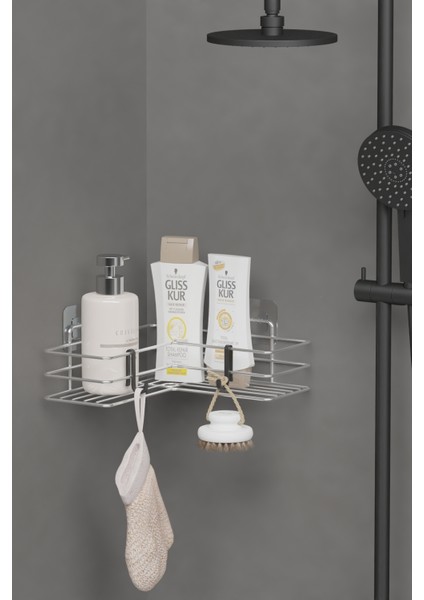 Krom Gümüş Yapışkanlı Banyo Köşeliği Köşe Rafı Duş Şampuanlık Duvar Düzenleyici Organizer fiyatları
