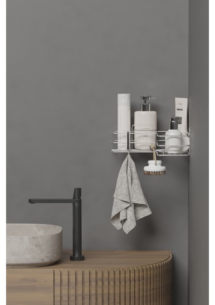 Krom Gümüş Yapışkanlı Banyo Köşeliği Köşe Rafı Duş Şampuanlık Duvar Düzenleyici Organizer fırsatları