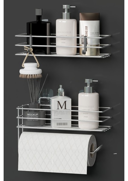 Krom Gümüş Yapışkanlı Banyo Rafı 2 Li Set Kağıt Havlu Askılı Banyo Duş Organizer Raf