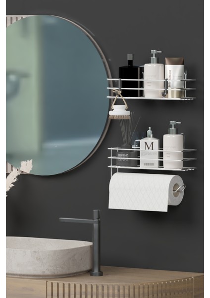 Krom Gümüş Yapışkanlı Banyo Rafı 2 Li Set Kağıt Havlu Askılı Banyo Duş Organizer Raf fiyatları