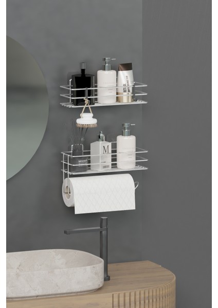 Krom Gümüş Yapışkanlı Banyo Rafı 2 Li Set Kağıt Havlu Askılı Banyo Duş Organizer Raf modelleri