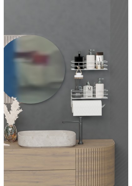 Krom Gümüş Yapışkanlı Banyo Rafı 2 Li Set Kağıt Havlu Askılı Banyo Duş Organizer Raf fırsatları