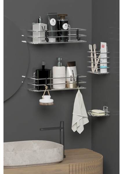 Krom Gümüş Renk Yapışkanlı 4'lü Banyo Seti Duş Rafı + Sabunluk + Diş Fırçalık Metal Set fiyatları