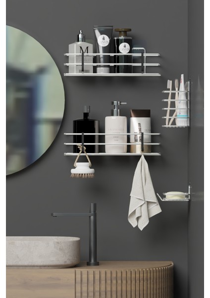 Krom Gümüş Renk Yapışkanlı 4'lü Banyo Seti Duş Rafı + Sabunluk + Diş Fırçalık Metal Set indirimleri