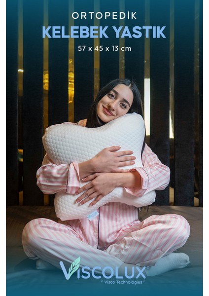 Kelebek Yastık - Özel Ortopedik Boyun Destekli Visco Yastık 57X45X13 Pembe