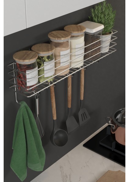 Krom Gümüş 55 cm Askılı Mutfak Rafı Tezgah Üstü Düzenleyici Baharatlık Organizer Raf fırsatları