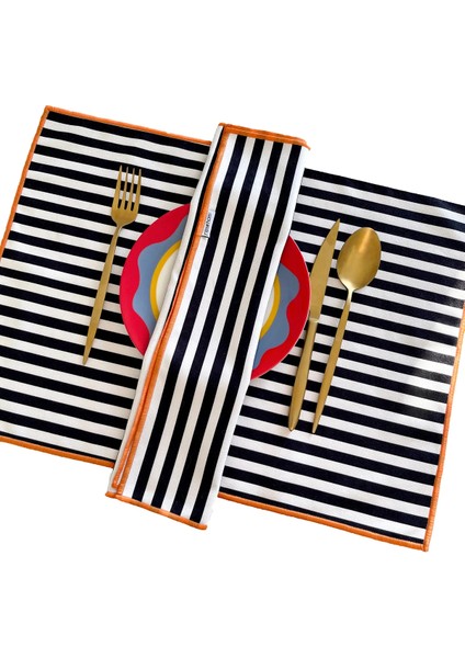 Bohem, Siyah Beyaz Desenli, Etnik, Çizgili, Renkli, Kenar Biyeli Amerikan Servis 35X45 cm (1 Adet)