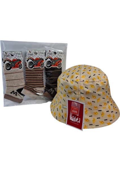 4-8 Yaş Erkek Yazlık Fört Şapka Vakre 3 Renk 7-8 Yaş Çorap 4 Lü Set