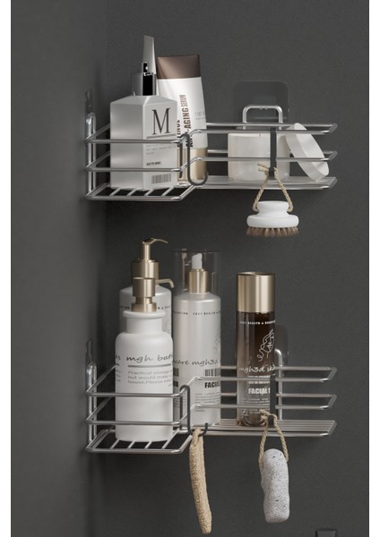 Krom Gümüş Yapışkanlı 2li Banyo Köşeliği Köşe Rafı Duş Şampuanlık Düzenleyici Organizer