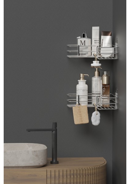 Krom Gümüş Yapışkanlı 2li Banyo Köşeliği Köşe Rafı Duş Şampuanlık Düzenleyici Organizer modelleri