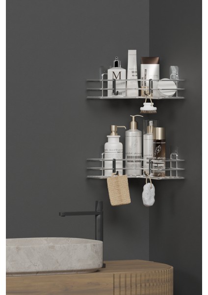 Krom Gümüş Yapışkanlı 2li Banyo Köşeliği Köşe Rafı Duş Şampuanlık Düzenleyici Organizer fırsatları