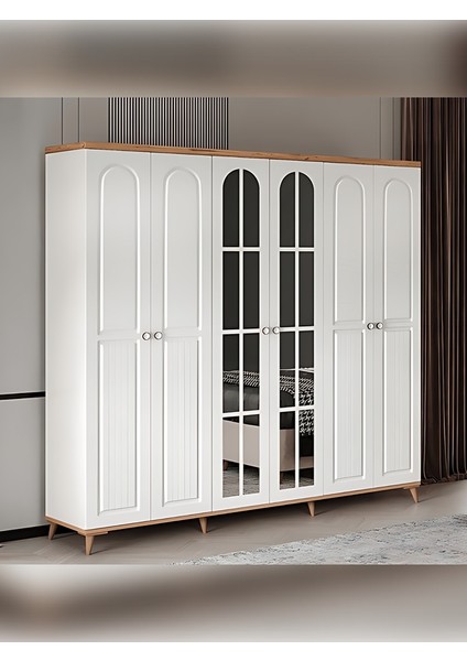 6 Kapaklı Aynalı Komple Mdf Beyaz Gardırop Genç Ve Yatak Odası