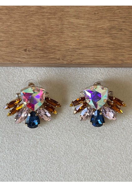 Hareli Parlak Taşlı Trend Tasarım Küpe Abiye Küpe