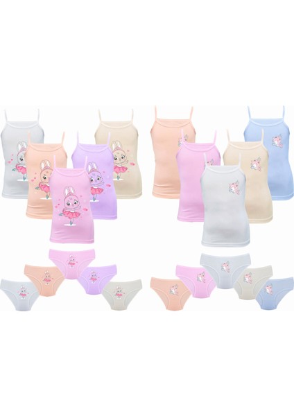 Kız Çocuk 10'lu Paket Yunus&tavşan Baskılı Likralı Pamuk Atlet Külot Takım