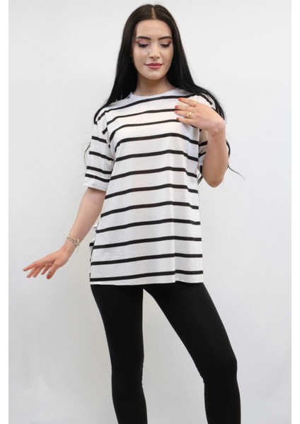 Çizgili Penye Tshirt Siyah
