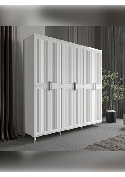 6 Kapaklı Komple Mdf Desenli Beyaz Gardırop Genç Ve Yatak Odası