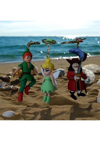 Peter Pan, Tinker Bell ve Kaptan Kanca Figürlü 3'lü Anahtarlık & Çanta Süsü Seti