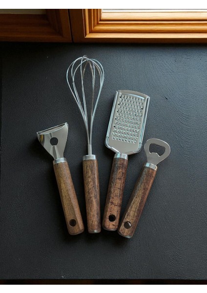 (Akasya) Ahşap Saplı Metal Çırpıcı- Açacak -Rende ve Sebze Meyve Soyacağı 4'lü Set