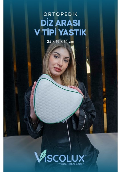 Diz Arası Ortopedik Yastık - V Model Diz Arası Yastık Visco Yastık 25X25X15 Yeşil