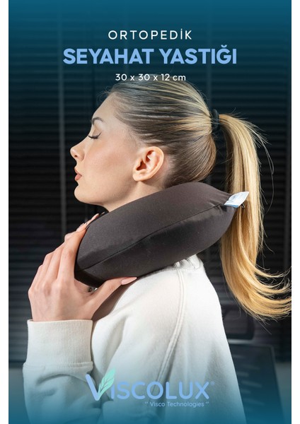 Ortopedik Seyahat Yastığı - Visco Boyun Destekli Yastık 30X30X12 Siyah