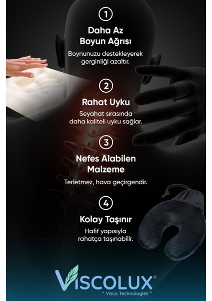 Ortopedik Seyahat Yastığı - Visco Boyun Destekli Yastık 30X30X12 Siyah fırsatları