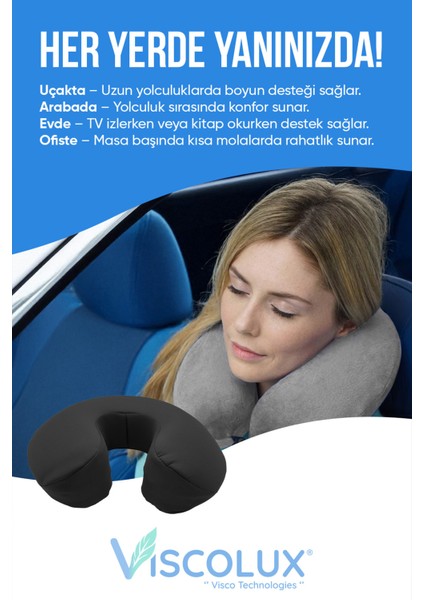 Ortopedik Seyahat Yastığı - Visco Boyun Destekli Yastık 30X30X12 Siyah
