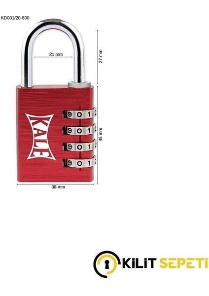 Kale Şifreli Asma Kilit Alüminyum Kırmızı KD001/20-800 modelleri