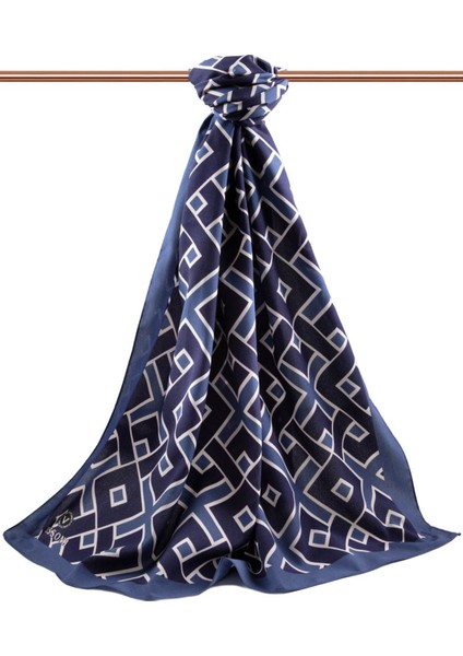 Lüks Medine Ipeği Geometrik Desenli Indigo Renkli 75X195 Kırışmaz Şal Moss Krep Dikiş Tipi Italyan D fiyatları