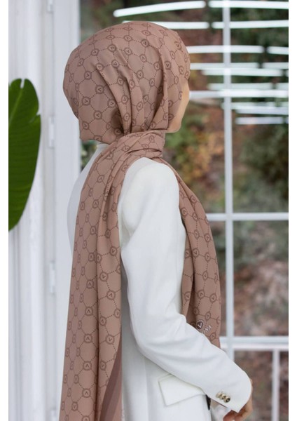 Lüks Medine Ipeği Monogram Desenli Somon Renkli 75X195 Kırışmaz Şal Moss Krep Dikiş Tipi Italyan Dik