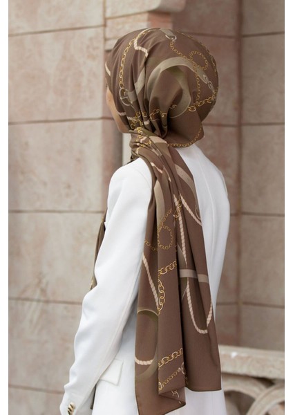 Lüks Medine Ipeği Zincirli Kemer Desenli Vizon Renkli 75X195 Kırışmaz Şal Moss Krep Dikiş Tipi Italy