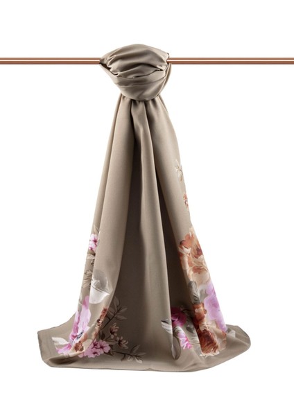 Lüks Medine Ipeği Çiçek Desenli Vizon Renkli 75X195 Kırışmaz Şal Moss Krep Dikiş Tipi Italyan Dikişl fiyatları