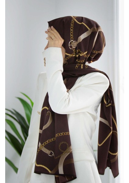 Lüks Medine Ipeği Zincirli Kemer Desenli Kahverengi Renkli 75X195 Kırışmaz Şal Moss Krep Dikiş Tipi