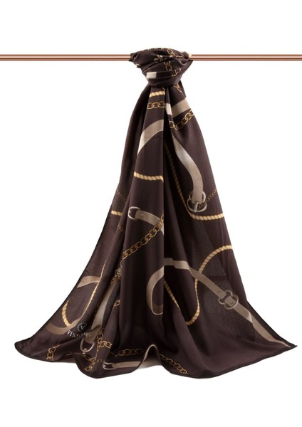 Lüks Medine Ipeği Zincirli Kemer Desenli Kahverengi Renkli 75X195 Kırışmaz Şal Moss Krep Dikiş Tipi fiyatları