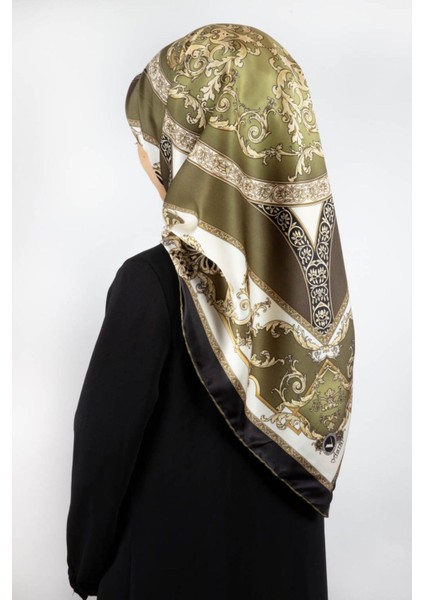 Twill Barok Desenli Haki Yeşili Renkli 90X90 Eşarp (Ipek Içermez) Kenar Dikiş Şekli El Dikişli
