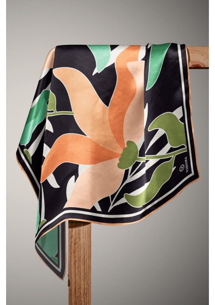 %100 Twill Ipek Yaprak Desenli Somon - Su Yeşili Renkli 90X90 Eşarp Dikim Şekli : El Dikişi indirimleri