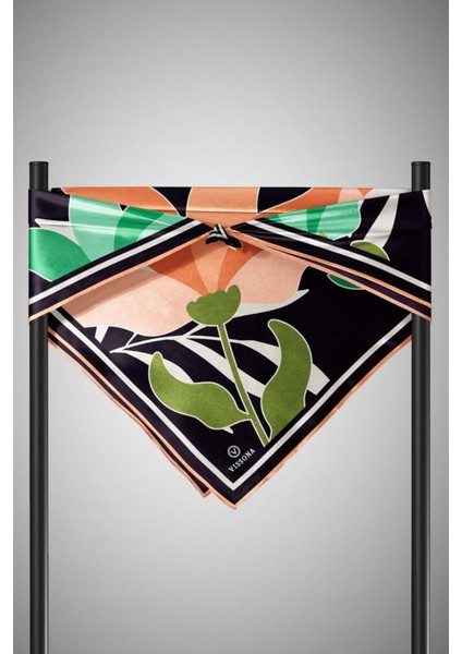 %100 Twill Ipek Yaprak Desenli Somon - Su Yeşili Renkli 90X90 Eşarp Dikim Şekli : El Dikişi