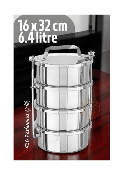 Turk Sefer Tası Yemek Kabı Paslanmaz Çelik 4 Katlı 16 cm 1.6 Litre - GMS2849-4909