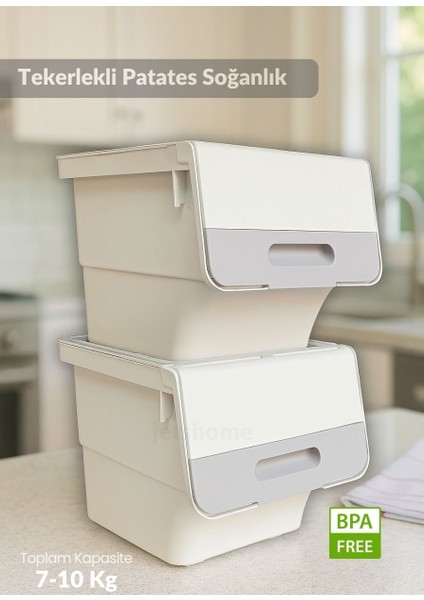 2'li Tekerlekli Sebzelik Seti BPA Free Erzak Kutusu Patateslik Soğanlık Krem 24 Lt