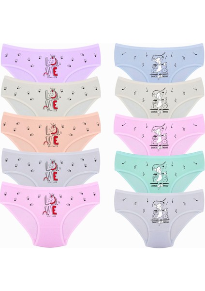 Kız Çocuk 10'lu Paket Karışık Loveunicorn&dancemood Baskılı Likralı Külot