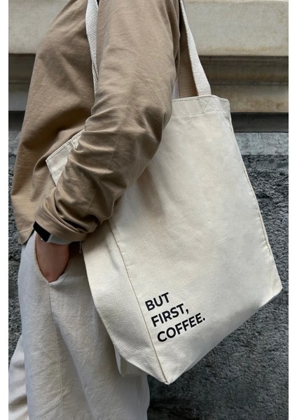 Kanvas Bez Çanta - First Coffee (Çıtçıt - Iç Cep - %100 Pamuk)