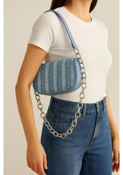Pullu Kot Kumaş, Denim Çanta (100 cm Zincir Ile Gönderilecektir)