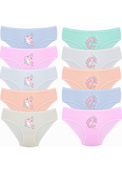 Kız Çocuk 10'lu Paket Karışık Dolfin&unicorn Baskılı Likralı Külot