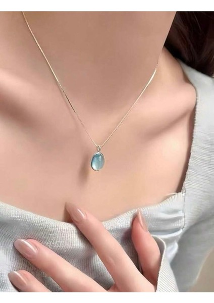 Mavi Su Damlası Kolye Sedefli Oval fiyatları
