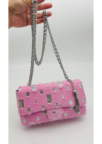 Pullu Pembe Kot Kumaş, Denim Çanta Zincirli