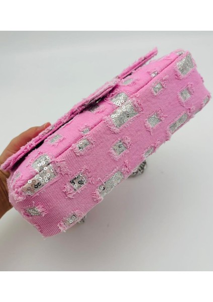 Pullu Pembe Kot Kumaş, Denim Çanta Zincirli fiyatları