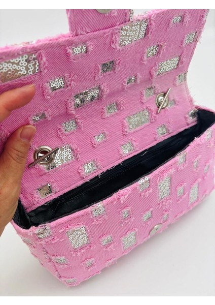 Pullu Pembe Kot Kumaş, Denim Çanta Zincirli modelleri