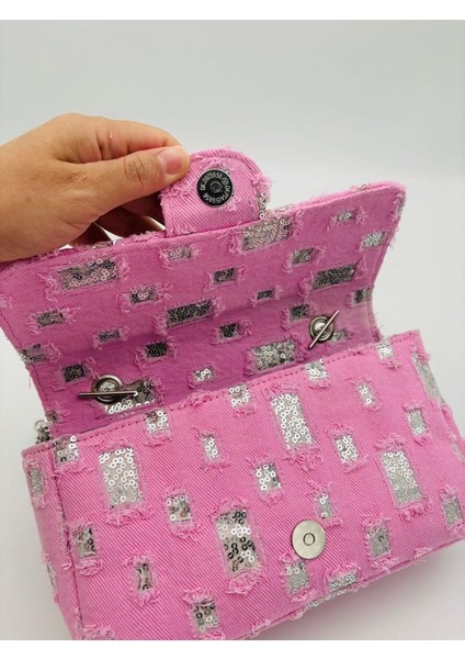 Pullu Pembe Kot Kumaş, Denim Çanta Zincirli fırsatları